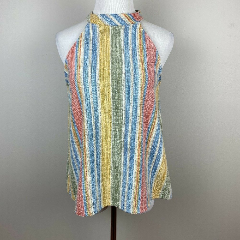 W5 Halter Tank Top M Tweed Textured Summer‎ Button Back Boho Striped